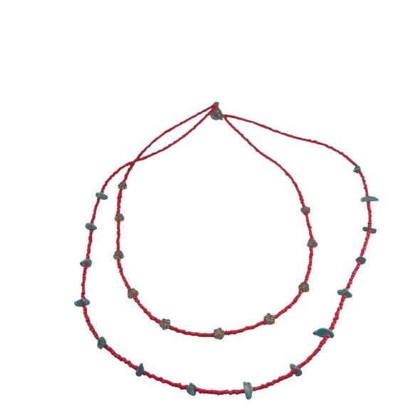 Boho Handcrafted Red & Blue Beaded Necklace With Metal Accents 24" Unbranded - Picture 5 of 6